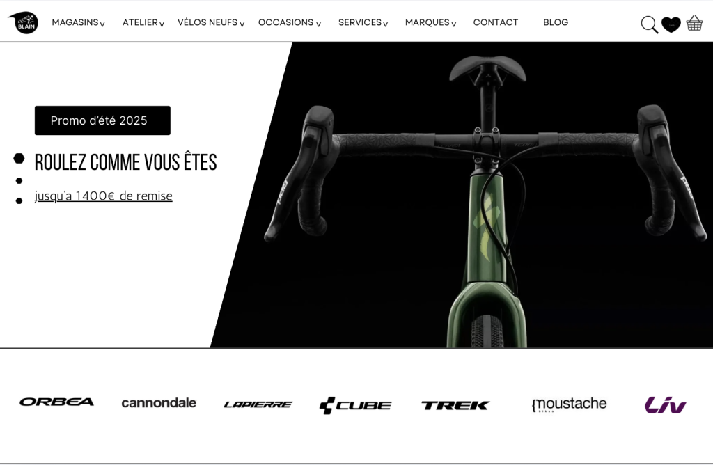 Page d’accueil du site Cycles Blain présentant les gammes de vélos, accessoires et équipements, avec navigation fluide et design optimisé par notre agence web landes