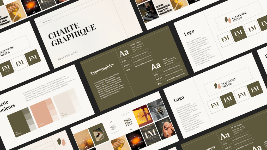 Mockup de la charte graphique d’Éléonore Meyer, sophrologue à Bayonne, montrant couleurs, typographies et éléments graphiques, réalisé par Studio Pieuvre pour site web et réseaux sociaux.