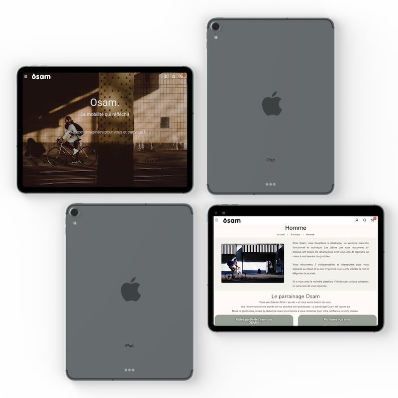 Mockup de deux iPad présentant la création site internet Biarritz, WordPress OSAM, projet entrepreneurial en mode et mobilité