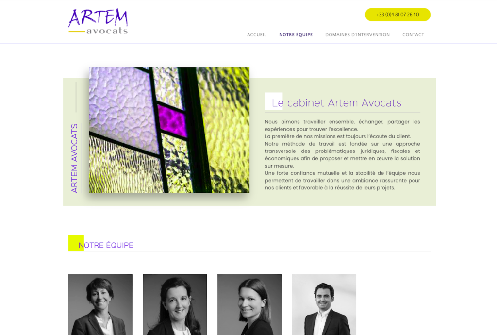 Page d’accueil en couleur du site internet à biarritz wordpress du cabinet Artem Avocats– design attractif, navigation intuitive, contenus optimisés et SEO renforcé.