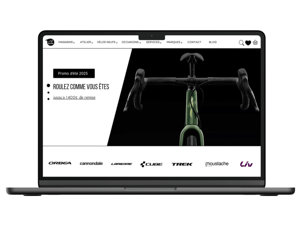 création site internet Hossegor-Mockup du site e-commerce transparent de Cycles Blain, optimisé SEO et UX, gestion complète Shopify