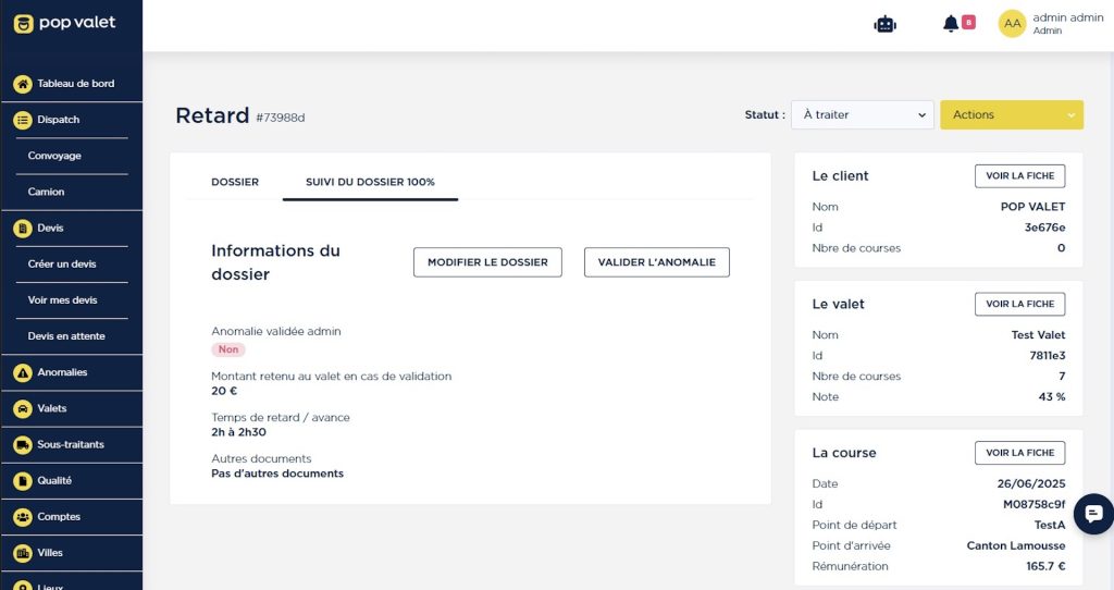 Image de l’interface administrateur Pop Valet de l'application mobile hossegor affichant les retards et anomalies, avec tableau de bord pour le suivi des dossiers clients et la gestion des alertes.