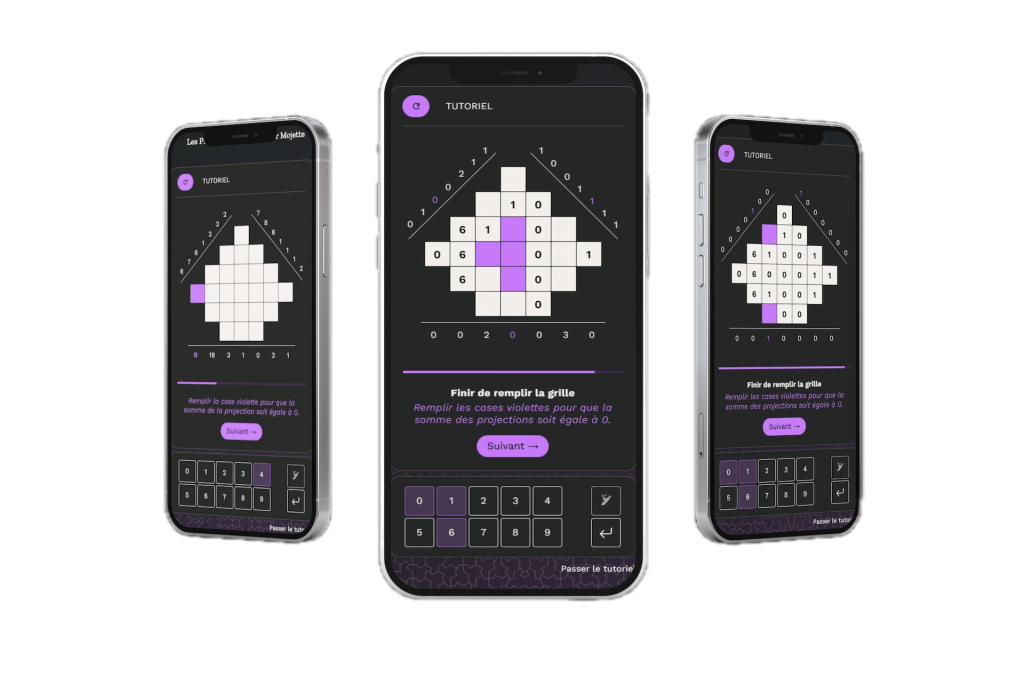 Mockup de trois iPhones présentant les étapes du tutoriel interactif développé par le développeur d'application, afin de guider les utilisateurs dans la découverte des jeux mathématiques
