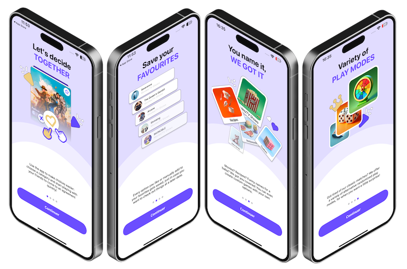Visualisation des étapes de démarrage de l’application Handshake sur quatre téléphones, montrant l’interface d’accueil, la configuration initiale et le tutoriel interactif