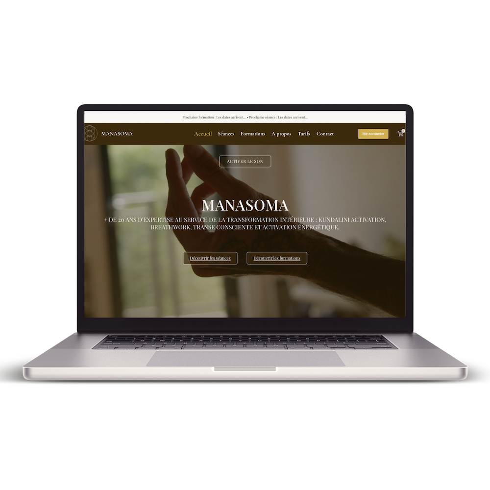 Mockup ordinateur du site Manasoma créé par Studio Pieuvre, agence web Seignosse – site WordPress pour Nicolas Bompar, praticien kundalini activation et breathwork à Biarritz